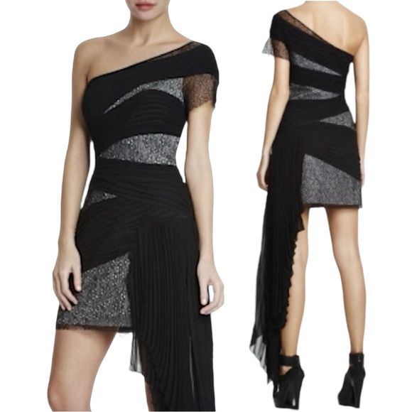 BCBGMAXAZRIA Runway One Shoulder Pleated Overlay Mini Dress. Size 8 - Picture 1 of 10